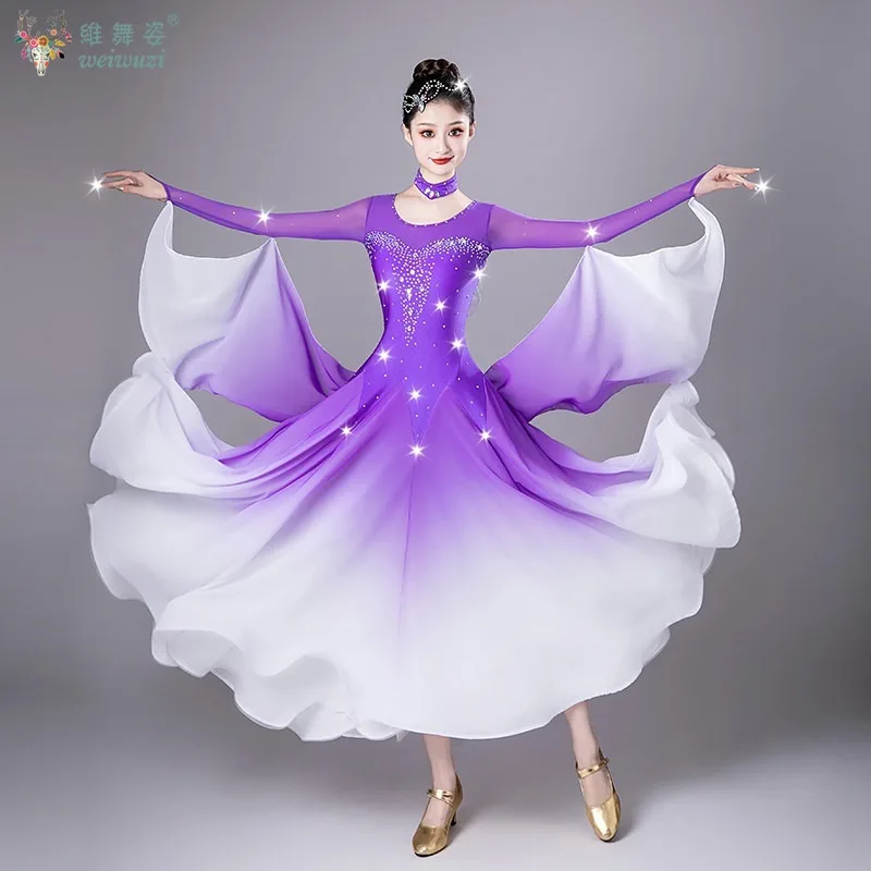 Female Modern Waltz Foxtrot Quickstep Contest Attire Ballroom Dance Purple Gradient Color Professional Big Swing Chiffon Dresses
Female Modern Waltz Foxtrot Quickstep Contest Attire Ballroom Dance Purple Gradient Color Professional Big Swing Chiffon Dresses