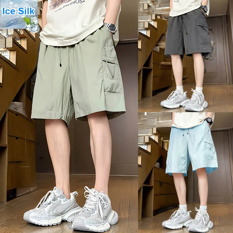 Men Ice Silk Cargo Shorts Quick Dry Elastic Waist Drawstring Loose Casual Shorts Summer Streetwear Beach Shorts with Pockets
Men Ice Silk Cargo Shorts Quick Dry Elastic Waist Drawstring Loose Casual Shorts Summer Streetwear Beach Shorts with Pockets