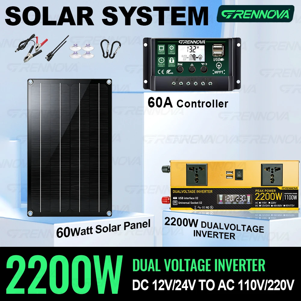 Dual Voltage Solar Kit 60W Panel 60A Controller Dual Inverter (Peak 2200W Continuous 1100W) 12V/24V To 110V/220V for Balcony RV
Dual Voltage Solar Kit 60W Panel 60A Controller Dual Inverter (Peak 2200W Continuous 1100W) 12V/24V To 110V/220V for Balcony RV
