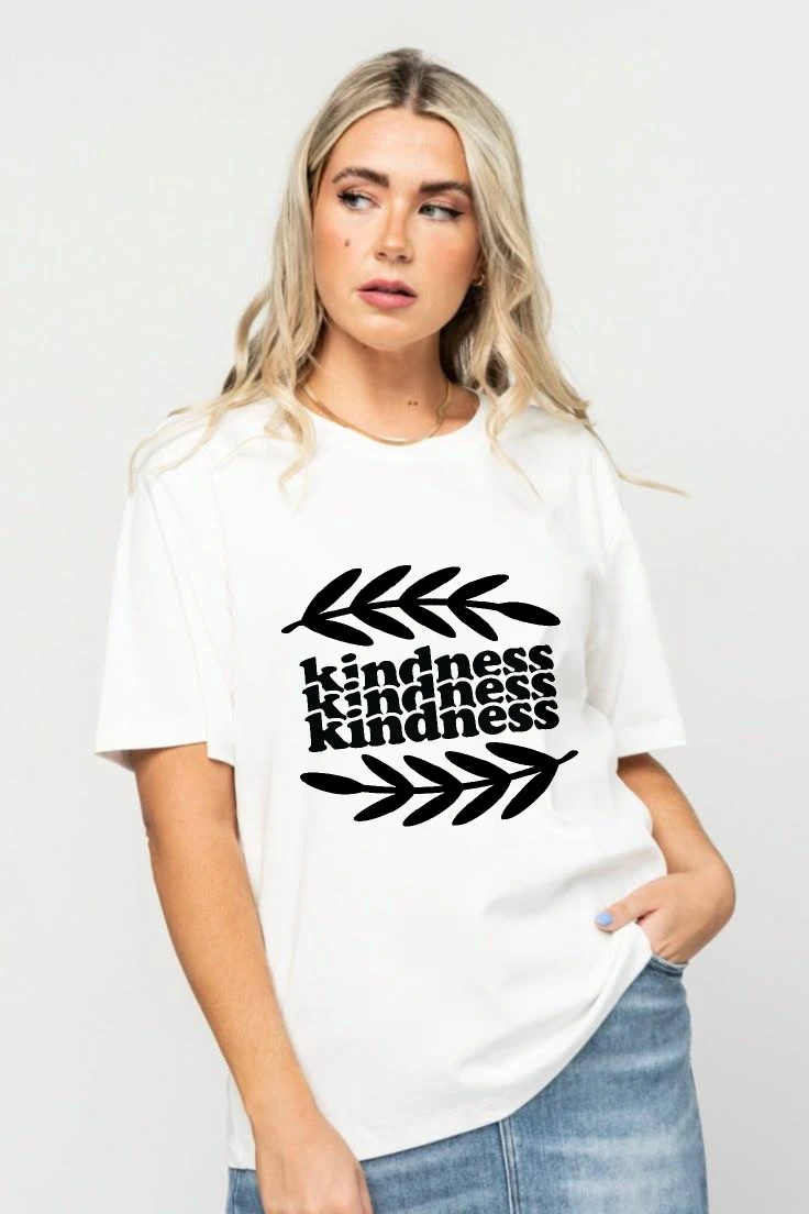 Женские футболки, футболки с рисунком, футболка с короткими рукавами для пары, 100% хлопок, футболка с принтом Доброта, повторяющаяся с листьями, с круглым вырезом 
Женские футболки, футболки с рисунком, футболка с короткими рукавами для пары, 100% хлопок, футболка с принтом Доброта, повторяющаяся с листьями, с круглым вырезом