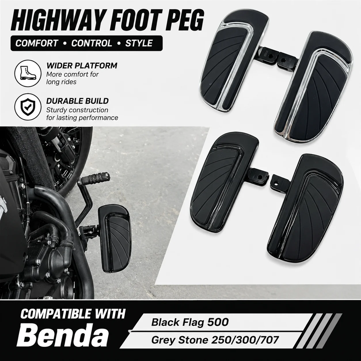 Suitable for retrofitting the Benda Black Flag 500 with a large foot pedal. Greystone 250/300/707 Cruiser Retro Anti slip Pedal
Suitable for retrofitting the Benda Black Flag 500 with a large foot pedal. Greystone 250/300/707 Cruiser Retro Anti slip Pedal