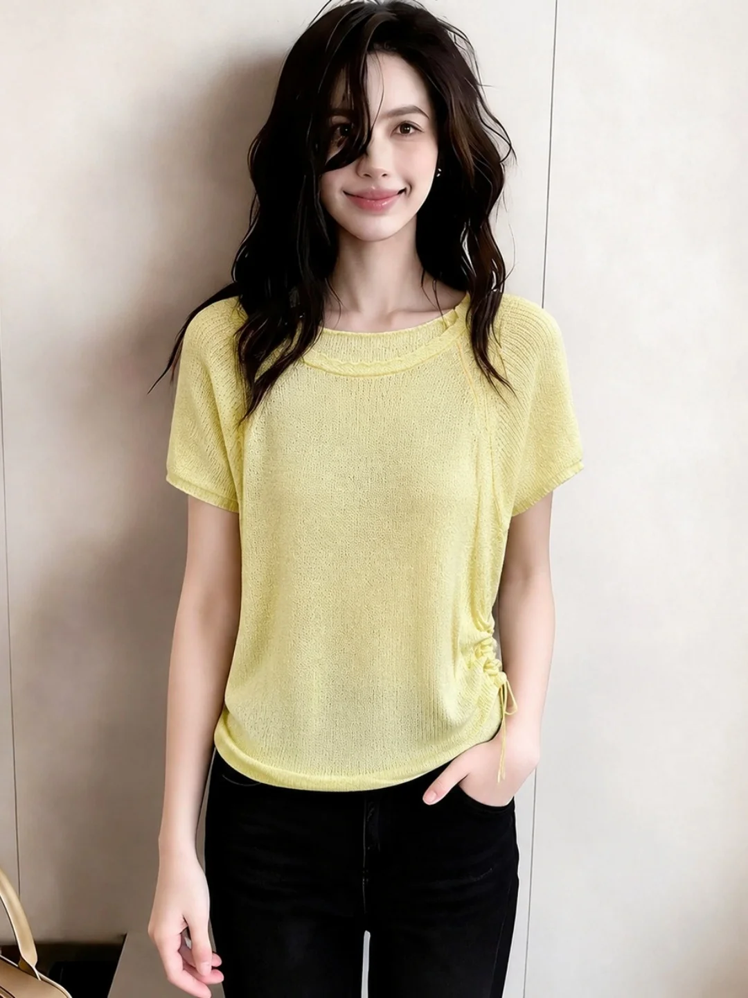 Korean Style Drawstring Slim Fit Short Sleeve Knitted T-Shirt Lightweight Summer Fashionable round Neck Top Elegant And Slimming
Korean Style Drawstring Slim Fit Short Sleeve Knitted T-Shirt Lightweight Summer Fashionable round Neck Top Elegant And Slimming