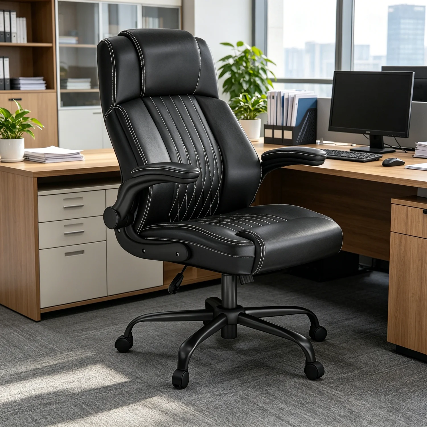 High Back PU Leather Executive Office Chair Thick Padded Armrest Height Adjustable Swivel Boss Desk Chair Ergonomic Computer Chair Home Office Furniture White Line Stitched
High Back PU Leather Executive Office Chair Thick Padded Armrest Height Adjustable Swivel Boss Desk Chair Ergonomic Computer Chair Home Office Furniture White Line Stitched