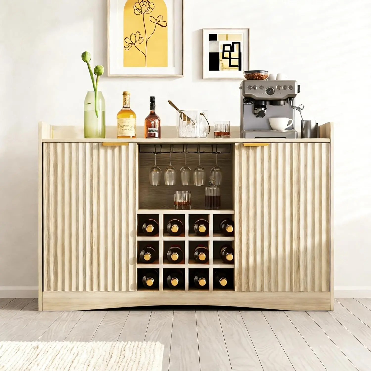 47" Fluted Wine Bar Cabinet with 9 Glass & 12 Bottle Racks, Coffee Bar & Storage Sideboard with 2 Doors for Living, Customized
47" Fluted Wine Bar Cabinet with 9 Glass & 12 Bottle Racks, Coffee Bar & Storage Sideboard with 2 Doors for Living, Customized
