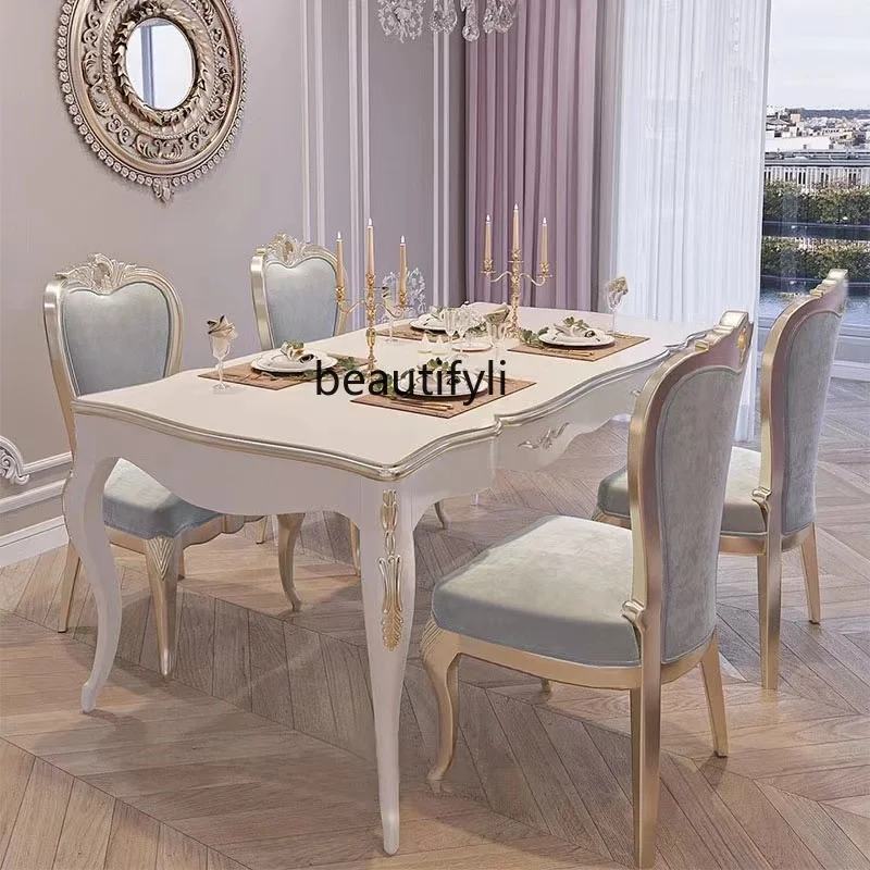 French neoclassical solid wood dining table and chair combination European carved square luxury dining table for 6 people
French neoclassical solid wood dining table and chair combination European carved square luxury dining table for 6 people