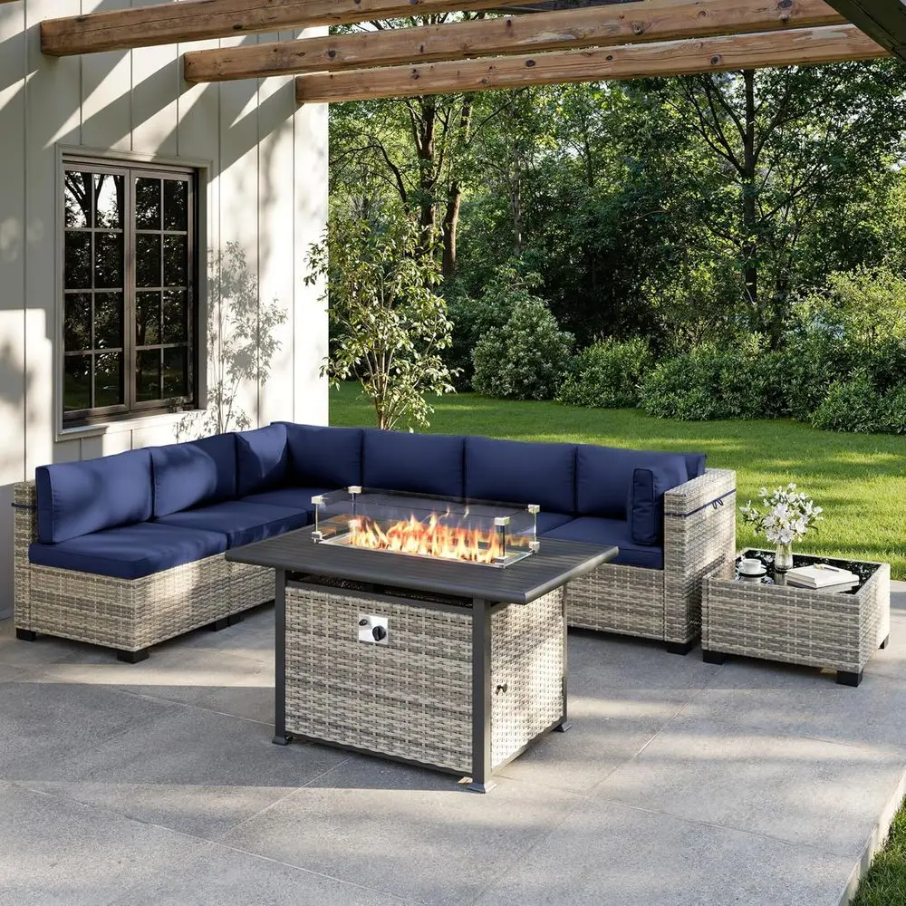8-Piece Outdoor Patio Furniture Set with 55,000 BTU Fire Pit, PE Wicker Rattan Sectional Sofa - All-Weather Garden, Backyard Sea
8-Piece Outdoor Patio Furniture Set with 55,000 BTU Fire Pit, PE Wicker Rattan Sectional Sofa - All-Weather Garden, Backyard Sea