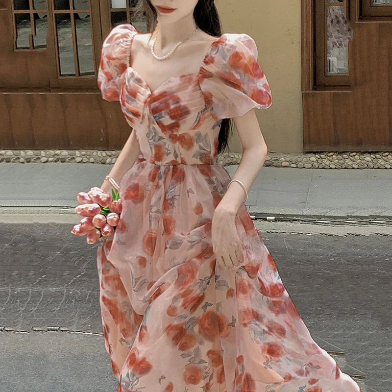 French Rose Print Chiffon Dress V-Neck Elegant Party Dresses For Women's Summer Puff Sleeve Fairy Long Bridesmaid Dress Y2k 2023
French Rose Print Chiffon Dress V-Neck Elegant Party Dresses For Women's Summer Puff Sleeve Fairy Long Bridesmaid Dress Y2k 2023