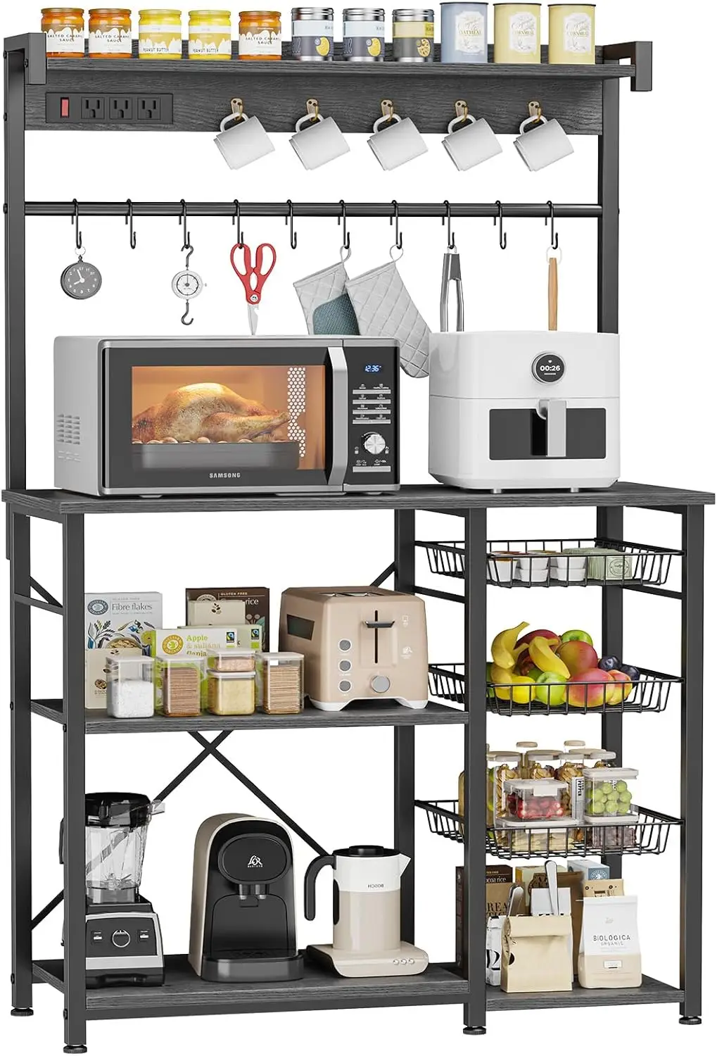 Large Bakers Ra With Power Outlets 38.8 Hes, 15 Hooks Coffee Bar With 3 Wire Basket, Microwave Stand Kitchen Storage Shelf For
Large Bakers Ra With Power Outlets 38.8 Hes, 15 Hooks Coffee Bar With 3 Wire Basket, Microwave Stand Kitchen Storage Shelf For
