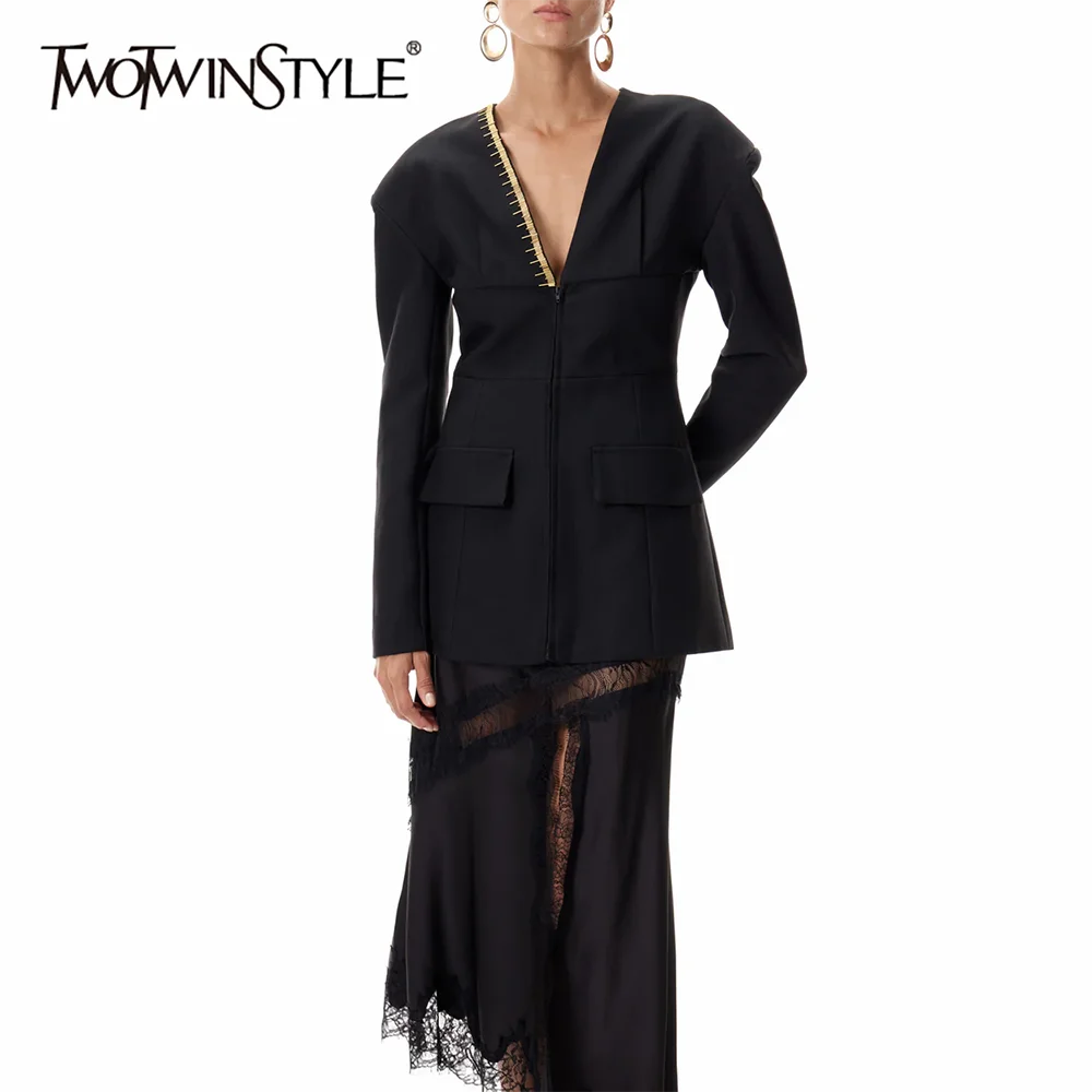 TWOTWINSTYLE Black Spliced Pocket Basics Jacket Female V Neck Long Sleeve Loose Minimalist Women's Jackets Autumn Fashion New 
TWOTWINSTYLE Black Spliced Pocket Basics Jacket Female V Neck Long Sleeve Loose Minimalist Women's Jackets Autumn Fashion New