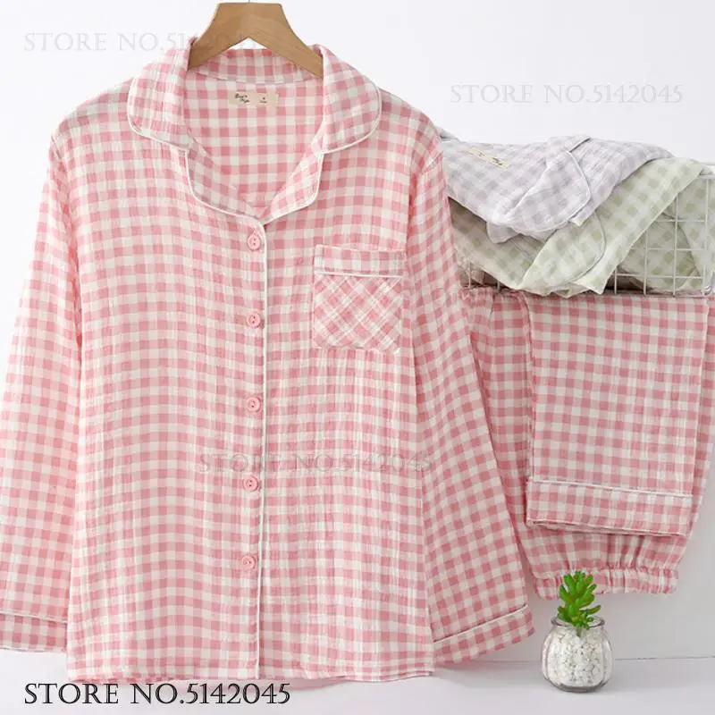 New Cotton Gauze Sleepwear Pijama Mujer Pink Plaid Long Sleeve Trouser Pajamas Set Loungewear Loose Casual Home Clothes Lingerie
New Cotton Gauze Sleepwear Pijama Mujer Pink Plaid Long Sleeve Trouser Pajamas Set Loungewear Loose Casual Home Clothes Lingerie
