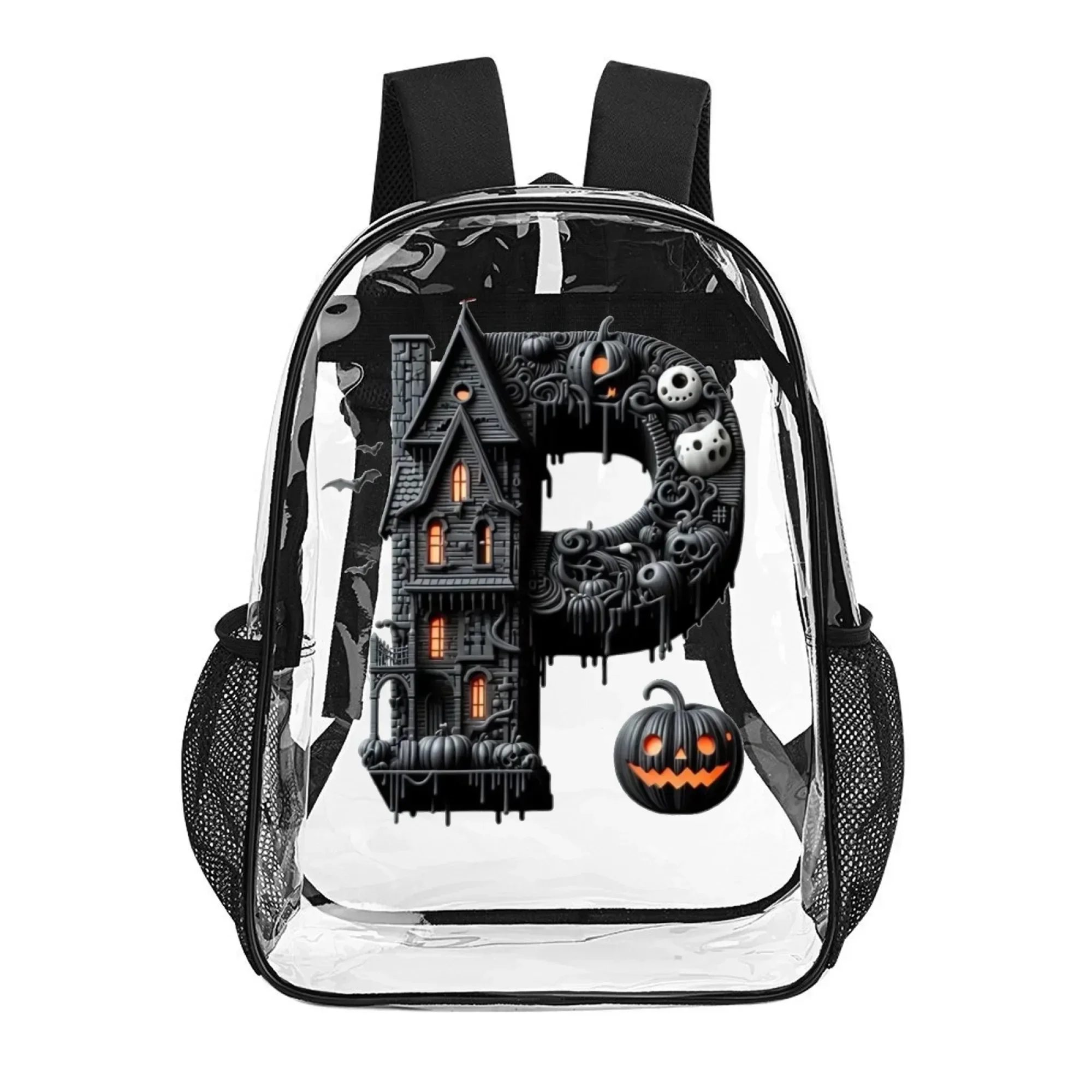 16 in PVC Clear Backpack, Transparent Daypack with Halloween Haunted House & Letter P Design, Great for Holiday Gifts
16 in PVC Clear Backpack, Transparent Daypack with Halloween Haunted House & Letter P Design, Great for Holiday Gifts