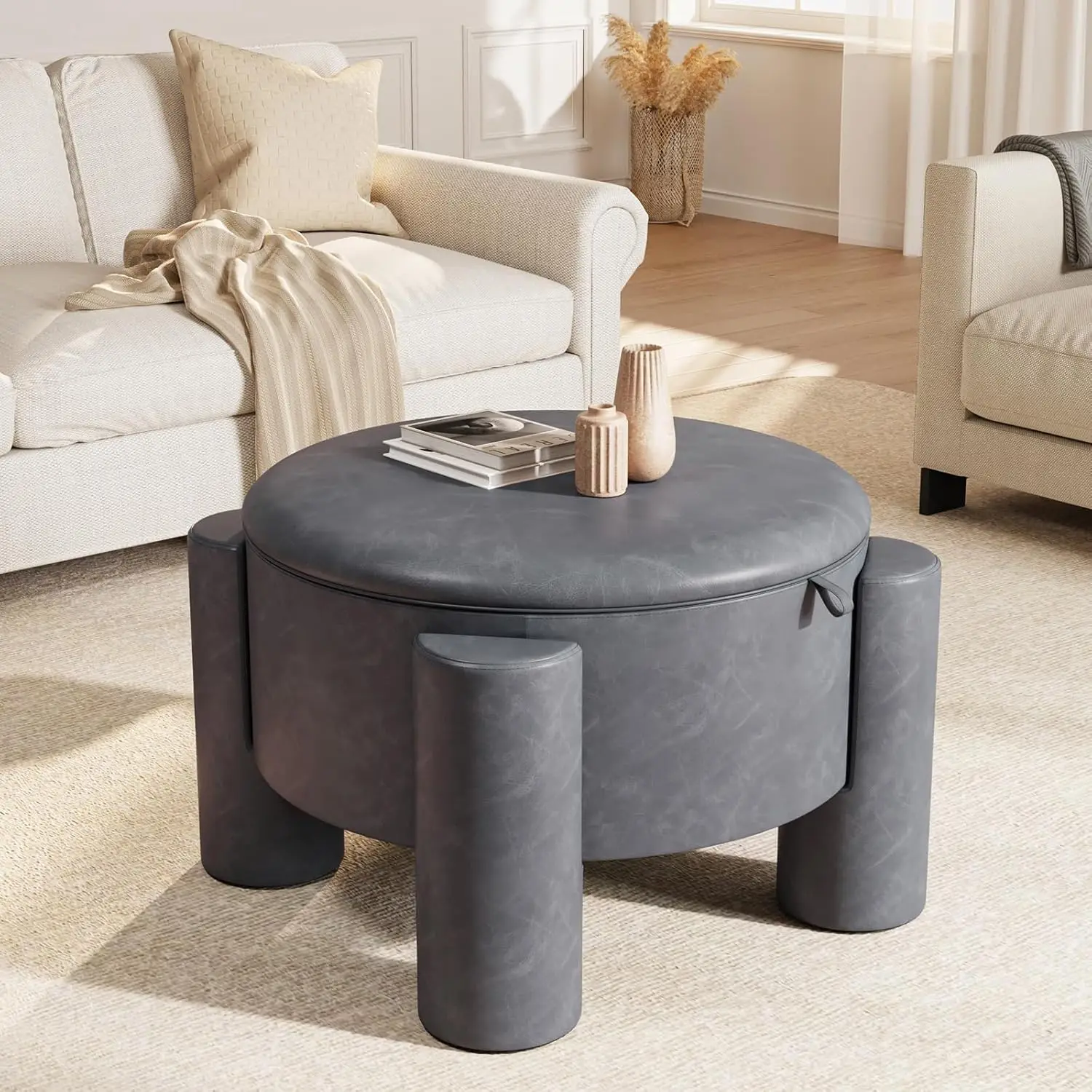 Round Ottoman With Storage,24" Faux Leather Storage Ottomans With Removable Top,Upholstered Vanity, Customized
Round Ottoman With Storage,24" Faux Leather Storage Ottomans With Removable Top,Upholstered Vanity, Customized