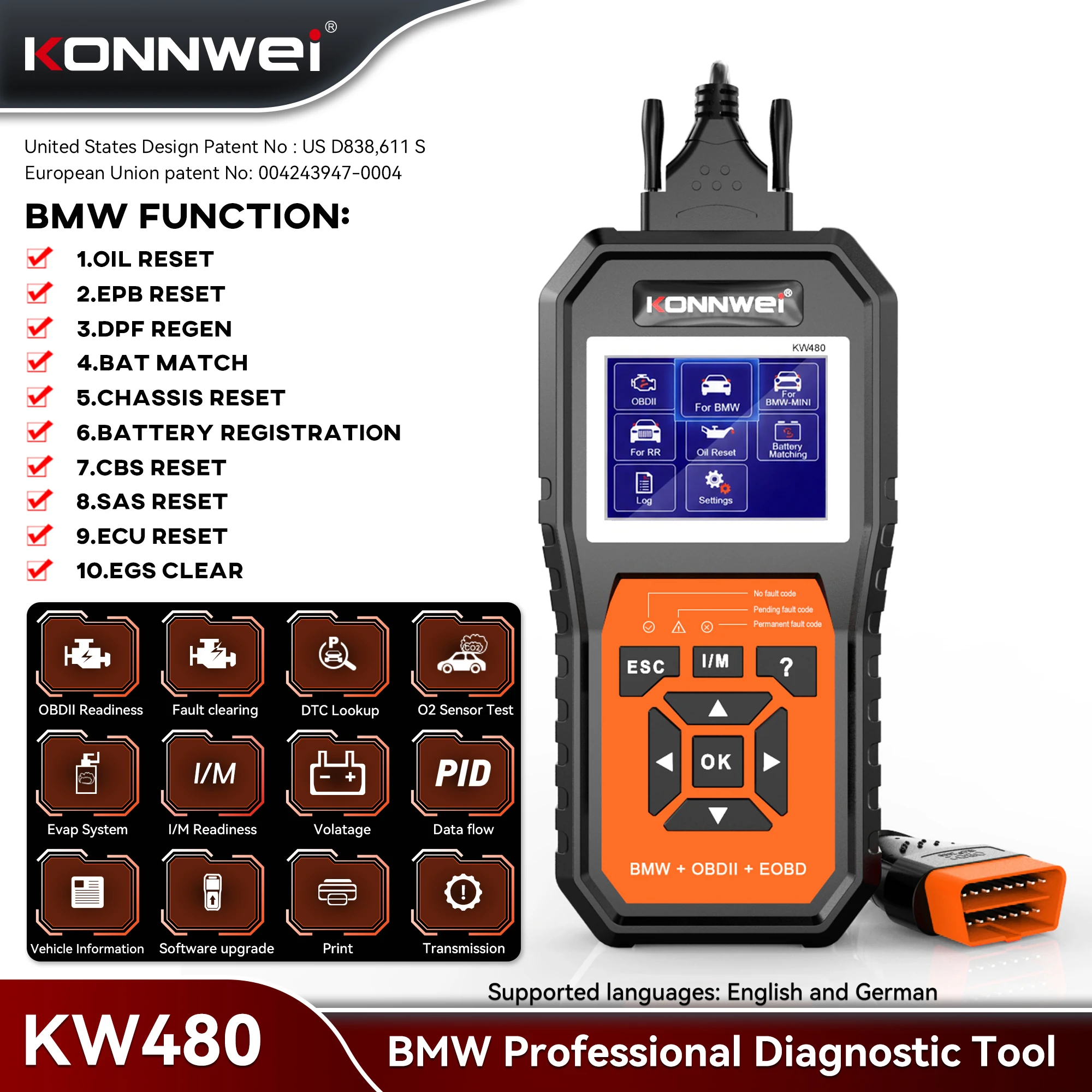 KONNWEI KW480 Professional Car OBD2 Scanner for BMW Oil DPF ABS SAS ECM TPMS EPB Airbag Reset Full System OBDII Diagnostic Tools
KONNWEI KW480 Professional Car OBD2 Scanner for BMW Oil DPF ABS SAS ECM TPMS EPB Airbag Reset Full System OBDII Diagnostic Tools