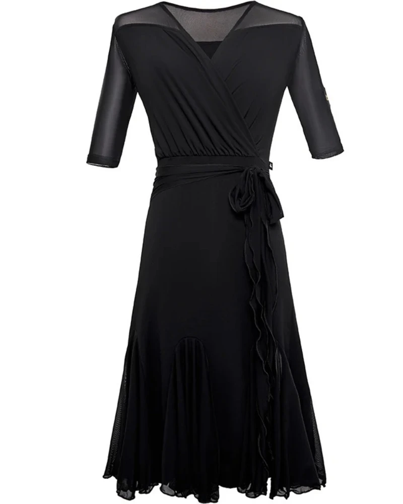 Women's Latin Dance Dress V Neck Mesh Sleeve Waist Tie Ruffle Hem Ballroom Salsa Tango Rumba Practice Performance Costume
Women's Latin Dance Dress V Neck Mesh Sleeve Waist Tie Ruffle Hem Ballroom Salsa Tango Rumba Practice Performance Costume