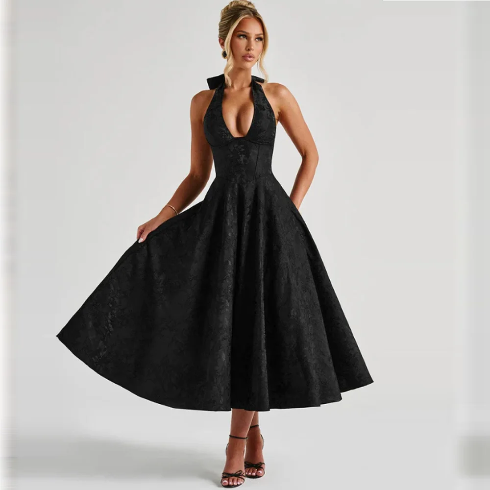 Puss Deep V-Neck Halter Dress Woman Summer Jacquard High-end evening dress Backless Elegant Patchwork Solid Party Sexy Vestidos
Puss Deep V-Neck Halter Dress Woman Summer Jacquard High-end evening dress Backless Elegant Patchwork Solid Party Sexy Vestidos