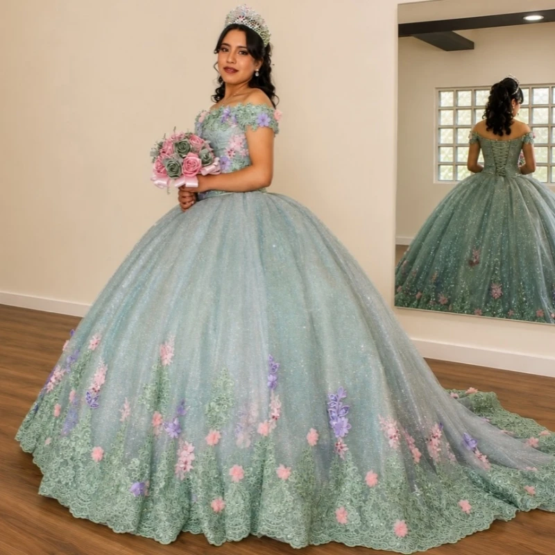 Light Green Shiny Ball Gown Quinceanera Dresses Applique Flower Beading Crystal Tiered Tull Corset Off The Shoulder Sweet 16
Light Green Shiny Ball Gown Quinceanera Dresses Applique Flower Beading Crystal Tiered Tull Corset Off The Shoulder Sweet 16