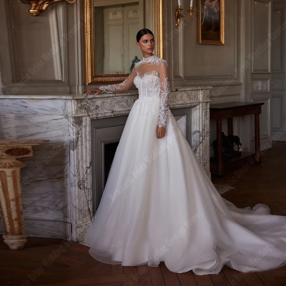 High-Neck Lace Long Sleeves Women Wedding Dresses Elegant Printing A-Line Bride Gown Mopping Length Vestido De Novia Customized
High-Neck Lace Long Sleeves Women Wedding Dresses Elegant Printing A-Line Bride Gown Mopping Length Vestido De Novia Customized