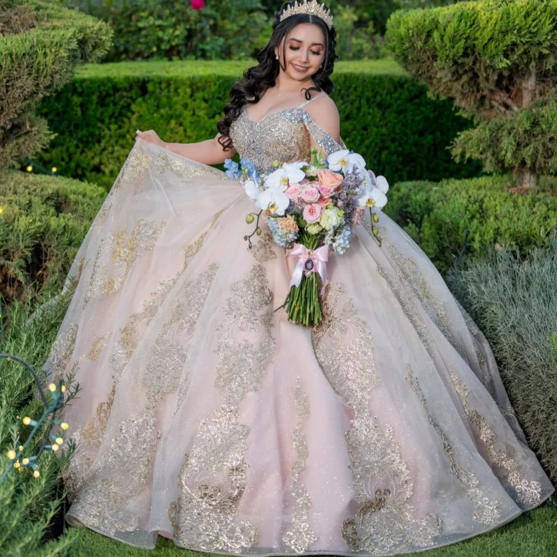 Light Champagne Quinceanera Dress off-shoulder Golden Glitter Crystal Decal Long tail Bow vestidos de 15 Quinceanera Customize
Light Champagne Quinceanera Dress off-shoulder Golden Glitter Crystal Decal Long tail Bow vestidos de 15 Quinceanera Customize