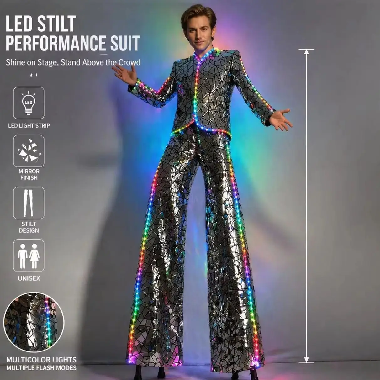 LED Mirror Costume with Mirror Glitter Fabric Silver Stilt Stage Performance Robot Outfit for Role-playing
LED Mirror Costume with Mirror Glitter Fabric Silver Stilt Stage Performance Robot Outfit for Role-playing