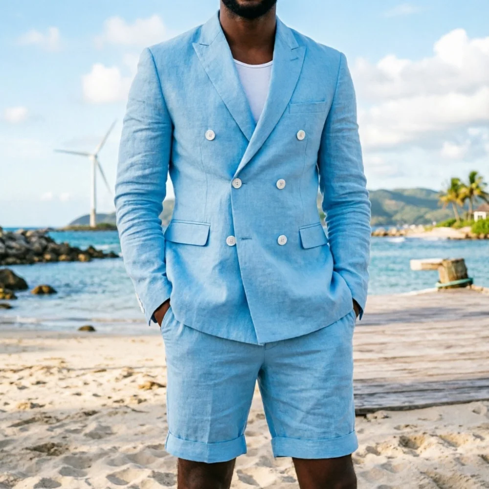 Sky Blue Linen Men 2 Pieces Suit With Short Pants Double Breasted Rolled Cuff Slim Fit Notched Lapel Summer Casual Wear 2026
Sky Blue Linen Men 2 Pieces Suit With Short Pants Double Breasted Rolled Cuff Slim Fit Notched Lapel Summer Casual Wear 2026