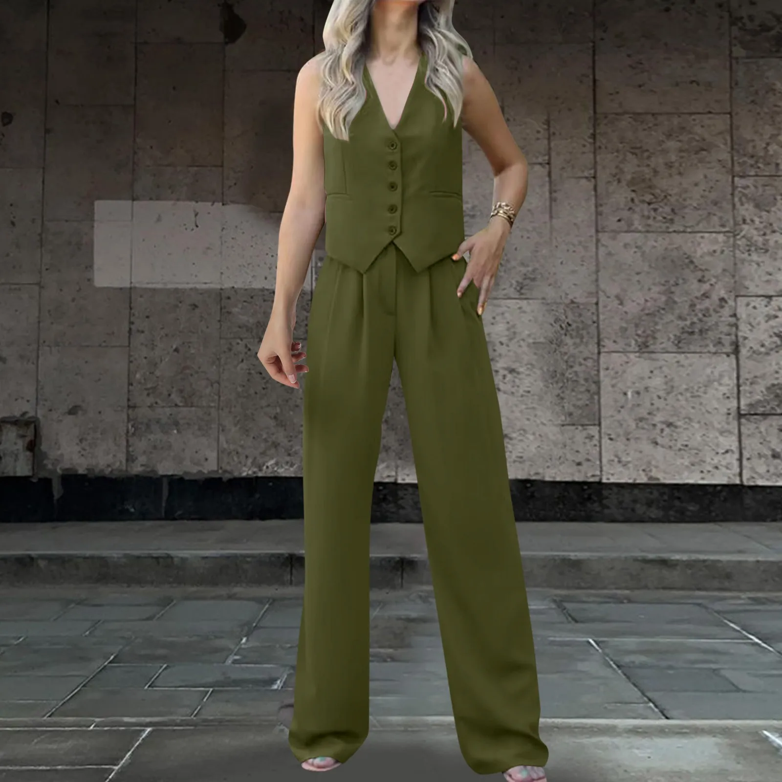 Women'S Office Trousers Suit 2024 Autumn V-Neck Sleeveless Buttons Vest Tracksuit Two Piece Set For Women Wide Leg Pantsuit
Women'S Office Trousers Suit 2024 Autumn V-Neck Sleeveless Buttons Vest Tracksuit Two Piece Set For Women Wide Leg Pantsuit