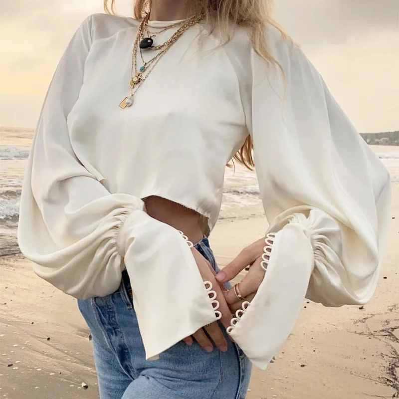 Ретро-рубашка из плотного шелка с круглым вырезом и рукавами-фонариками, модная, очень нежная, верхняя одежда для женщин, прямой крой, длинный рукав
Ретро-рубашка из плотного шелка с круглым вырезом и рукавами-фонариками, модная, очень нежная, верхняя одежда для женщин, прямой крой, длинный рукав