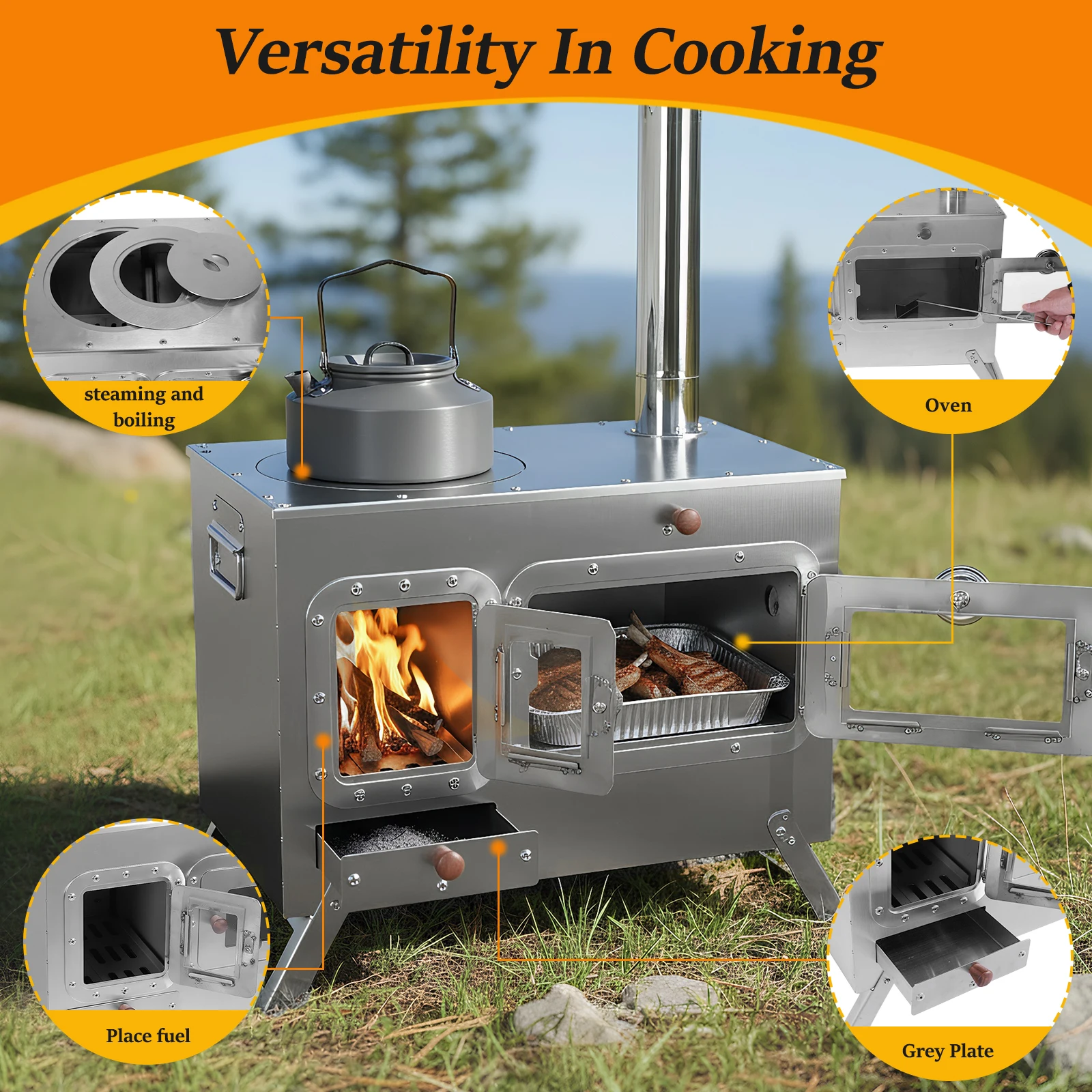 Wood Burning Tent Stove with 4 Chimney Pipe Camping Tent Stove Stainless Steel for Outdoor Heating & Cooking Ice Fishing Hunting
Wood Burning Tent Stove with 4 Chimney Pipe Camping Tent Stove Stainless Steel for Outdoor Heating & Cooking Ice Fishing Hunting