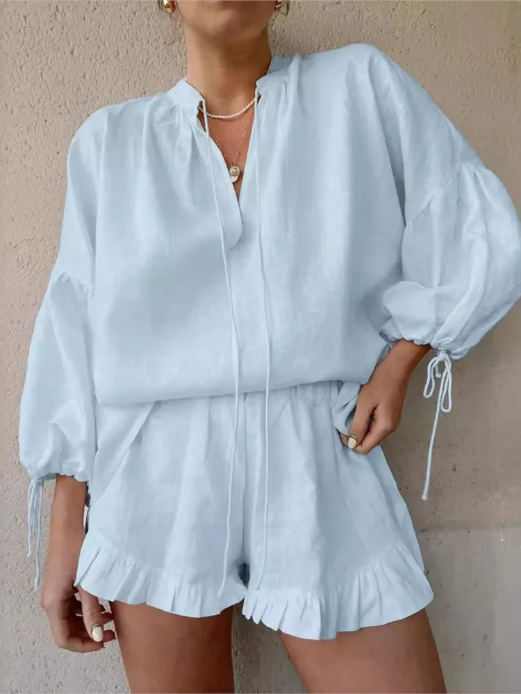Sexy V-neck Lantern Sleeve Shorts Two-piece Set Fashionable Cotton Linen Solid Color Summer Women's Loose Lace Up Shorts Set
Sexy V-neck Lantern Sleeve Shorts Two-piece Set Fashionable Cotton Linen Solid Color Summer Women's Loose Lace Up Shorts Set