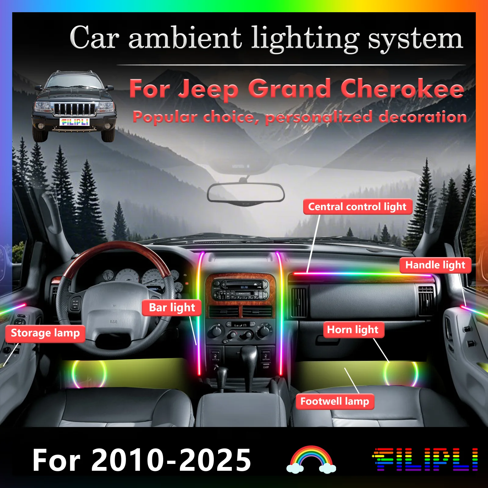 For Jeep Grand Cherokee Car Interior Decorative Ambient Light RGB 64-Color LED Smart Remote Control Energy Saving Kit
For Jeep Grand Cherokee Car Interior Decorative Ambient Light RGB 64-Color LED Smart Remote Control Energy Saving Kit
