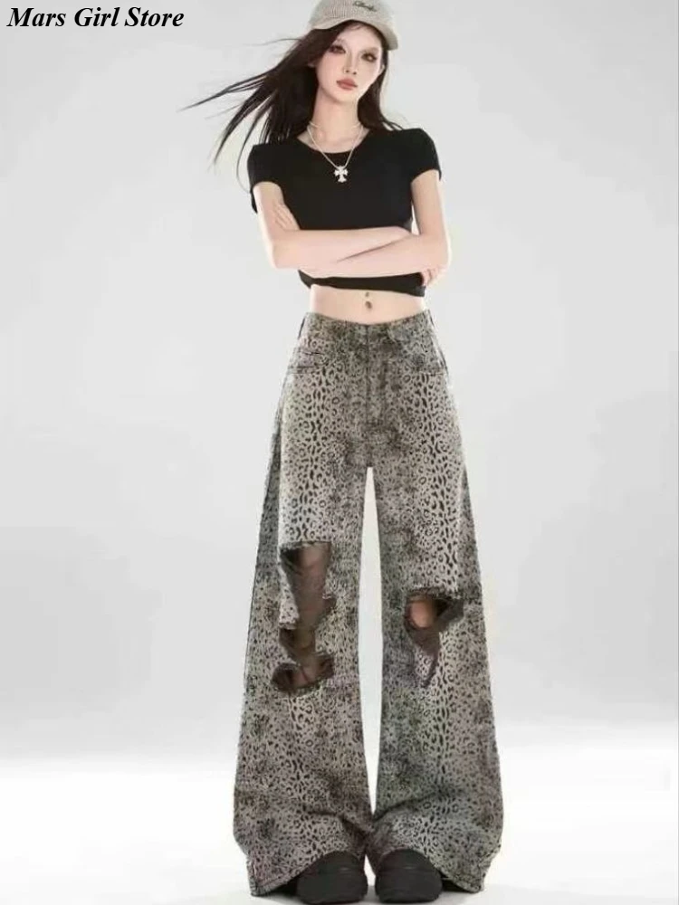 Punk Leopard Print Ripped Wide Leg Jeans Women High Waist Loose Fit Summer Vintage Streetwear Draped Denim Pants Long Trousers
Punk Leopard Print Ripped Wide Leg Jeans Women High Waist Loose Fit Summer Vintage Streetwear Draped Denim Pants Long Trousers