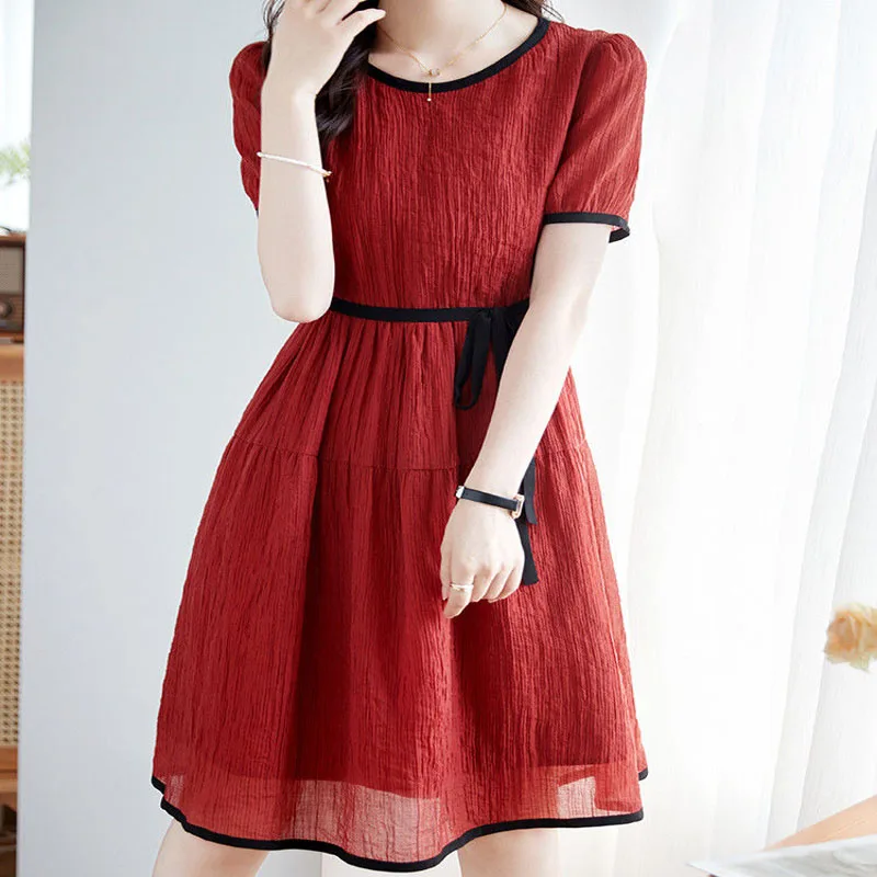 Solid Color Waist Summer New Short Sleeve Round Neck Temperament Women's Clothing Spliced Bandage Medium and Long Commute Dress
Solid Color Waist Summer New Short Sleeve Round Neck Temperament Women's Clothing Spliced Bandage Medium and Long Commute Dress
