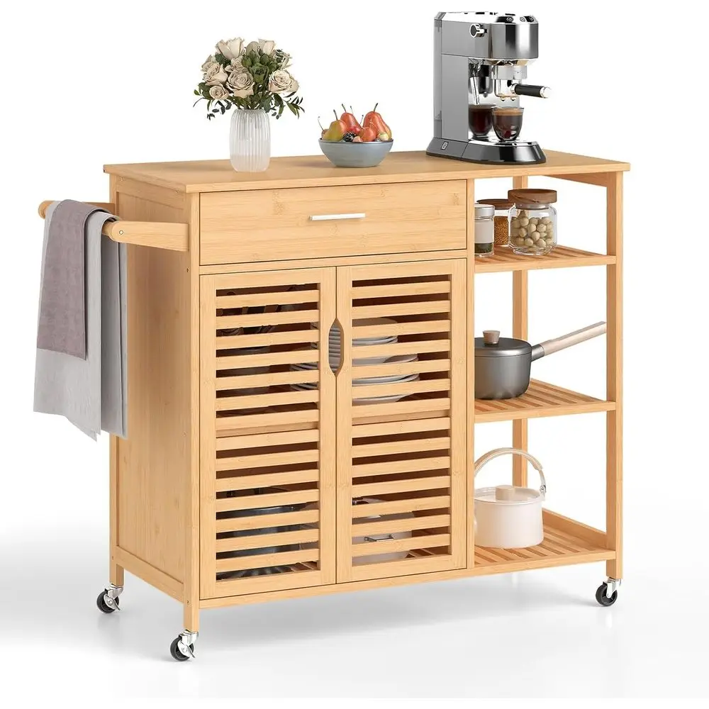 Natural Bamboo Rolling Kitchen Island Cart with 2-Door Cabinet, 3-Tier Shelves, and Towel Rack
Natural Bamboo Rolling Kitchen Island Cart with 2-Door Cabinet, 3-Tier Shelves, and Towel Rack