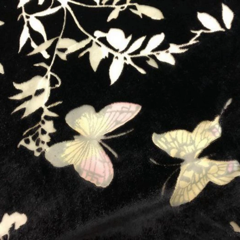 Silk Etched-out Velvet Fabric Colorful Bamboo Leaf Butterfly Playing Mulberry Silk Bottom Black Cotton Velvet Jacquard Fabric
Silk Etched-out Velvet Fabric Colorful Bamboo Leaf Butterfly Playing Mulberry Silk Bottom Black Cotton Velvet Jacquard Fabric