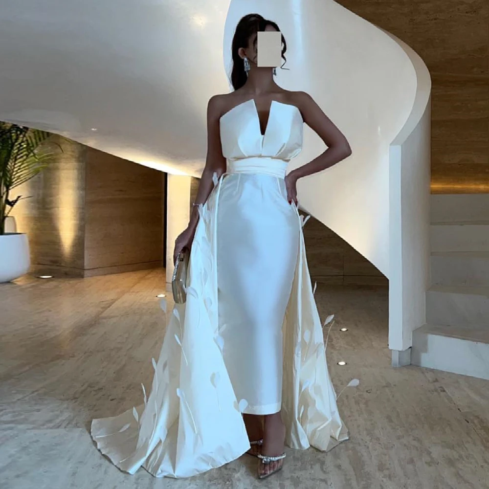 Elegant Party Dresses Woman White Straight Sleeveless Satin Tea Length Fashion Pleats Feathers Panel Train Quinceanera Gowns
Elegant Party Dresses Woman White Straight Sleeveless Satin Tea Length Fashion Pleats Feathers Panel Train Quinceanera Gowns