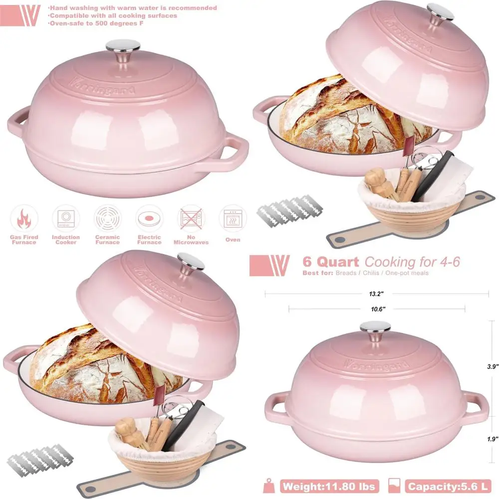 Чавунная голландская кастрюля с розовой эмалью на 6 литров с крышкой, идеально подходит для выпечки и расстойки хлеба на прицепах, в комплект входит корзина для хлеба и
Чавунная голландская кастрюля с розовой эмалью на 6 литров с крышкой, идеально подходит для выпечки и расстойки хлеба на прицепах, в комплект входит корзина для хлеба и