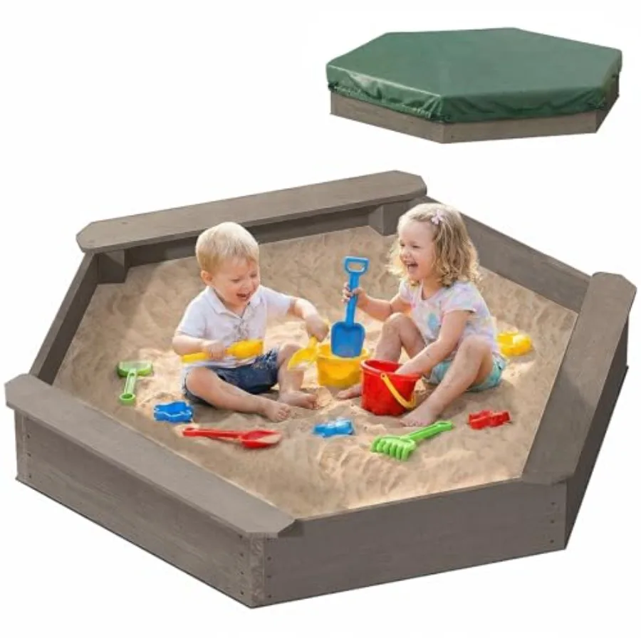 Outdoor wooden hexagon sandbox with coffee-colored finish includes cover 3 bench seats bottom liner; easy assembly for toddlers
Outdoor wooden hexagon sandbox with coffee-colored finish includes cover 3 bench seats bottom liner; easy assembly for toddlers