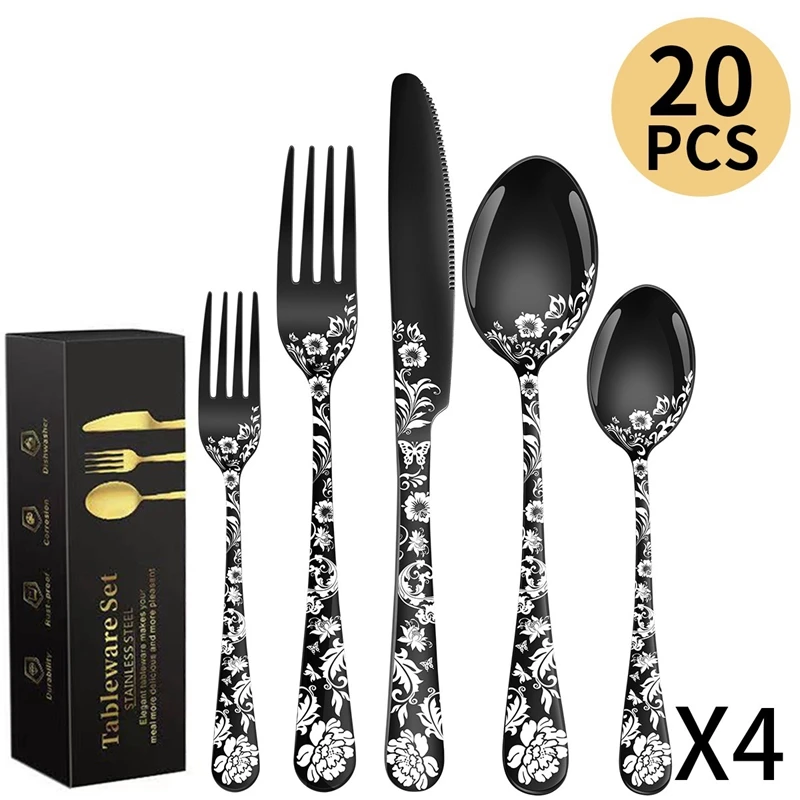 20PCS/box Pattern Stainless Steel Cutlery Steak Knife Fork Spoon Set 4 Sets Tableware
20PCS/box Pattern Stainless Steel Cutlery Steak Knife Fork Spoon Set 4 Sets Tableware