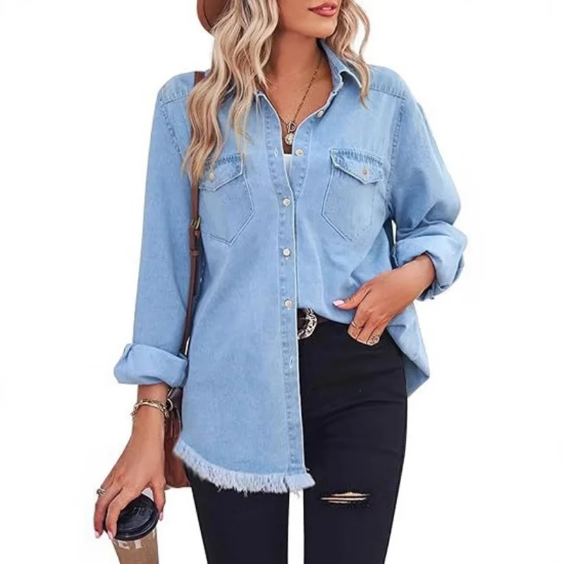 Women's Retro Washed Tassel Casual Solid Color Denim Shirt Mid-Length Long-Sleeved Pocket Detail
Women's Retro Washed Tassel Casual Solid Color Denim Shirt Mid-Length Long-Sleeved Pocket Detail