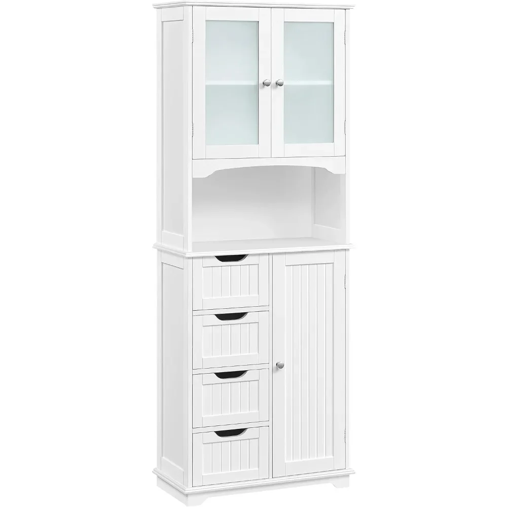 Freestanding Tall Cabinet with Glass Doors, Open Compartment, Drawers, Wooden Storage Organizer for Bathroom, Kitchen, Living
Freestanding Tall Cabinet with Glass Doors, Open Compartment, Drawers, Wooden Storage Organizer for Bathroom, Kitchen, Living