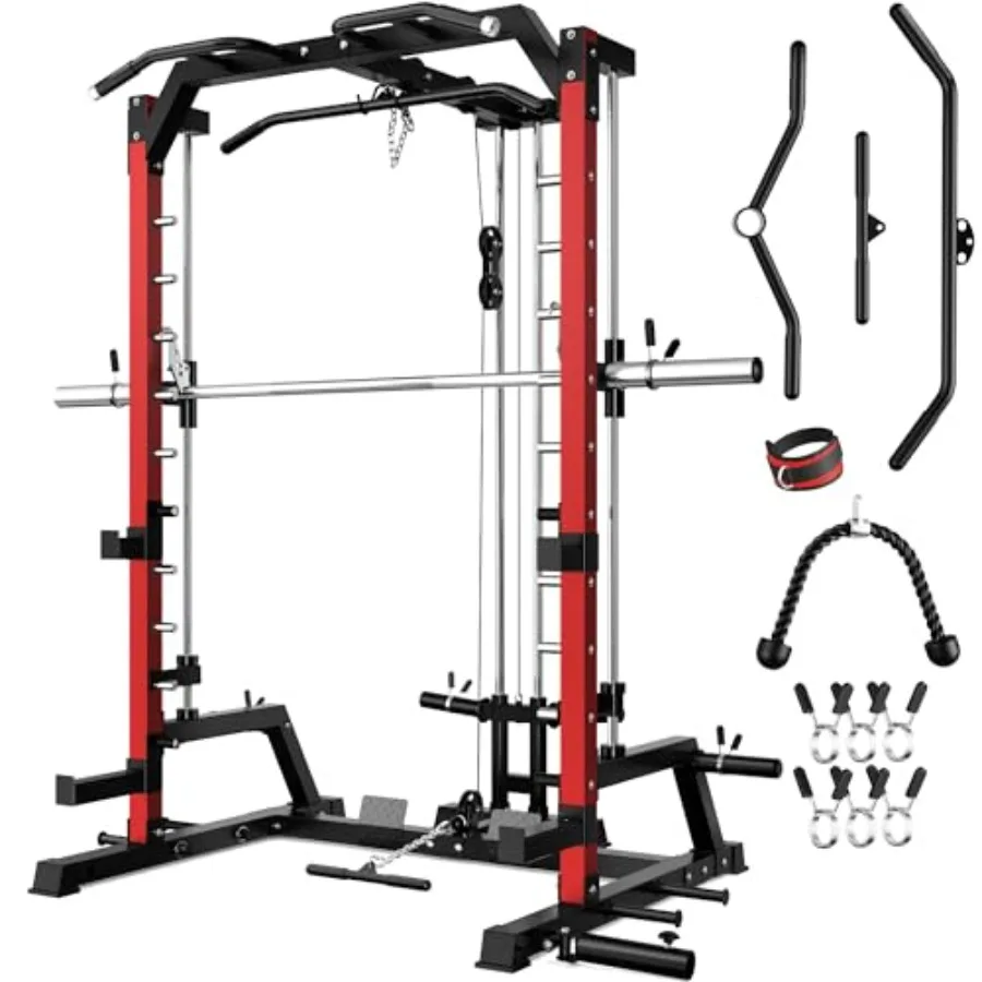 Home gym squat rack with Smith bar, steel construction, black finish, 2000LBS capacity and LAT pulldown system for full-body wo
Home gym squat rack with Smith bar, steel construction, black finish, 2000LBS capacity and LAT pulldown system for full-body wo