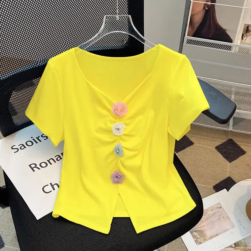 2024 Summer New Dopamine Style 3D Flower Splicing Short-sleeved T-shirt Women's V-neck Split-ended Solid Color Top
2024 Summer New Dopamine Style 3D Flower Splicing Short-sleeved T-shirt Women's V-neck Split-ended Solid Color Top