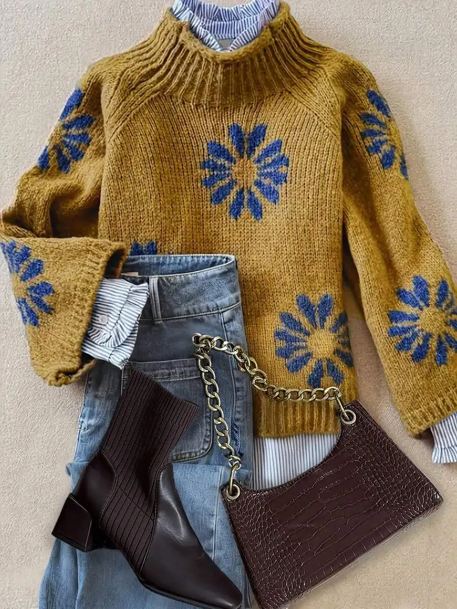 Mustard Yellow Floral Knit High Neck Loose Pullover Sweater
Mustard Yellow Floral Knit High Neck Loose Pullover Sweater
