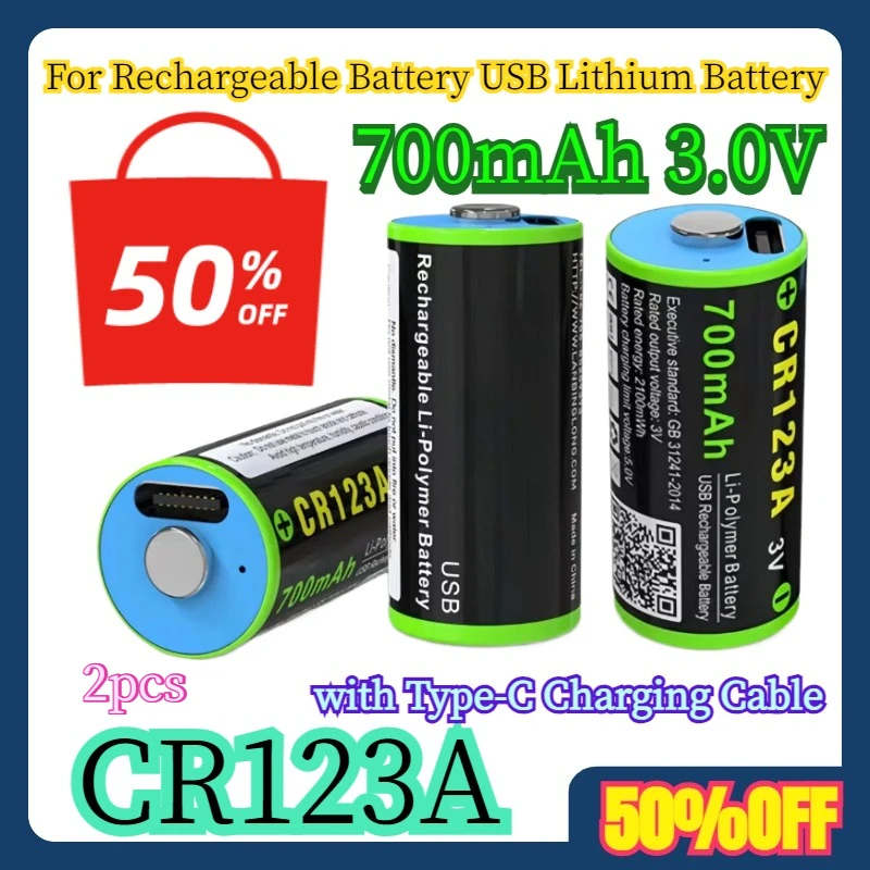 2pcs For CR123A Rechargeable Battery 700mAh 3.0V USB Lithium Battery with Type-C Charging Cable
2pcs For CR123A Rechargeable Battery 700mAh 3.0V USB Lithium Battery with Type-C Charging Cable