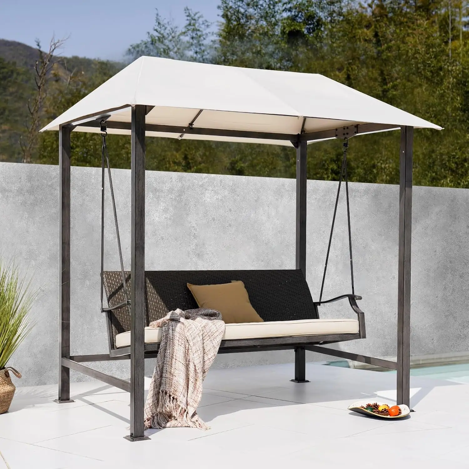 3-Seat Patio Swing Chair, Outdoor Porch Swing with Canopy, Removable Cushion for Patio Garden Poolside, Beige
3-Seat Patio Swing Chair, Outdoor Porch Swing with Canopy, Removable Cushion for Patio Garden Poolside, Beige