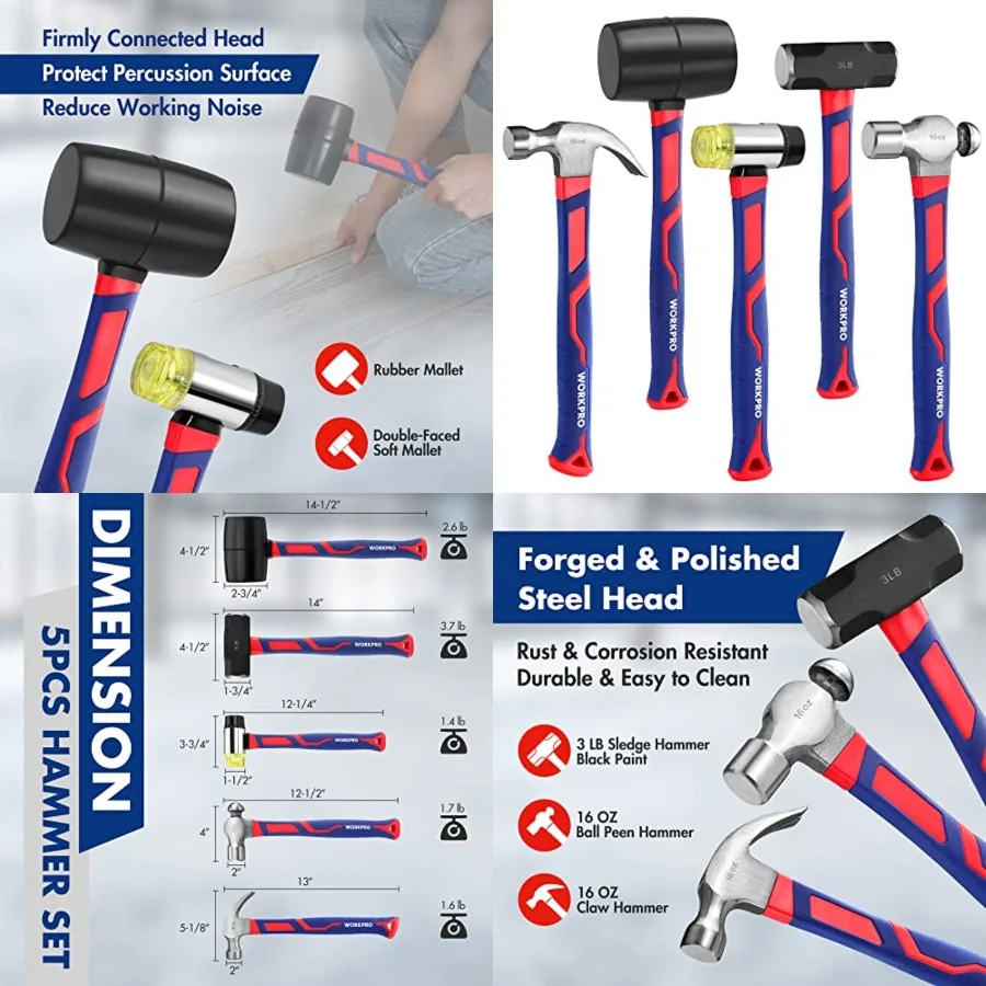 5-Piece forge/Polish Steel Head, Fiberglass Handle Set - 32oz Rubber Mallet 16oz Claw and Ball-Peen Hammers 3lb Sledge 22oz Dou
5-Piece forge/Polish Steel Head, Fiberglass Handle Set - 32oz Rubber Mallet 16oz Claw and Ball-Peen Hammers 3lb Sledge 22oz Dou