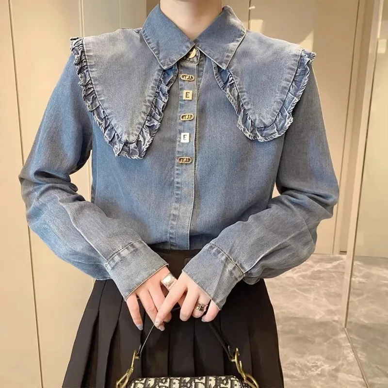 2022 Spring Autumn Fashion Streetwear Colors Contrast Knitted Ruffles Diamonds Denim Blouse Women Shirt Lady Tops 4XL
2022 Spring Autumn Fashion Streetwear Colors Contrast Knitted Ruffles Diamonds Denim Blouse Women Shirt Lady Tops 4XL