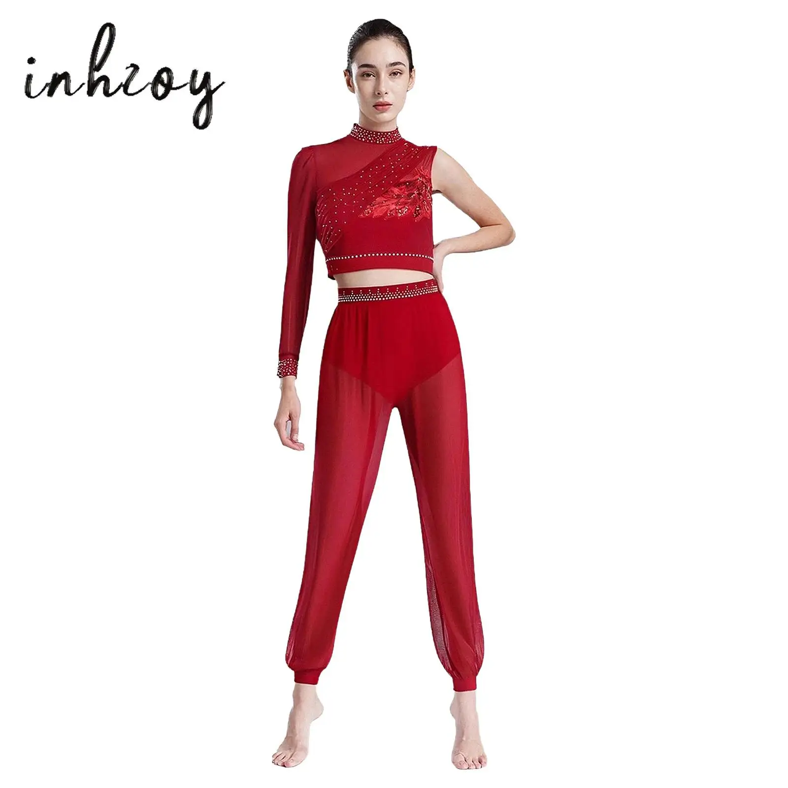 Womens Latin Jazz Belly Dance Outfit Backless Asymmetrical Crop Top and Mesh Long Pants Glitter Rhinestone Dancewear 2-piece Set
Womens Latin Jazz Belly Dance Outfit Backless Asymmetrical Crop Top and Mesh Long Pants Glitter Rhinestone Dancewear 2-piece Set