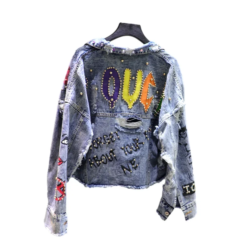 Beading Diamond Graffiti Print Denim Jacket Coat Women Loose Short Outerwear Holes Big Pocket Long Sleeve Jeans Jackets Female
Beading Diamond Graffiti Print Denim Jacket Coat Women Loose Short Outerwear Holes Big Pocket Long Sleeve Jeans Jackets Female