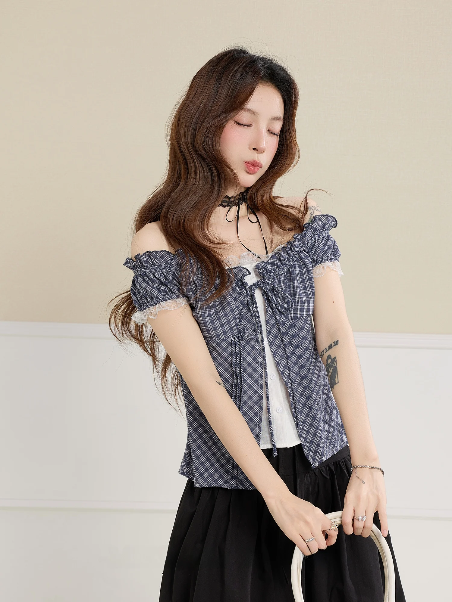 Korean Style Plaid Bubble Sleeve Shirt Women's Summer Tie-Band Lace Girl Feel One-Shoulder Top Loose Fit Short Sleeve A-Line
Korean Style Plaid Bubble Sleeve Shirt Women's Summer Tie-Band Lace Girl Feel One-Shoulder Top Loose Fit Short Sleeve A-Line
