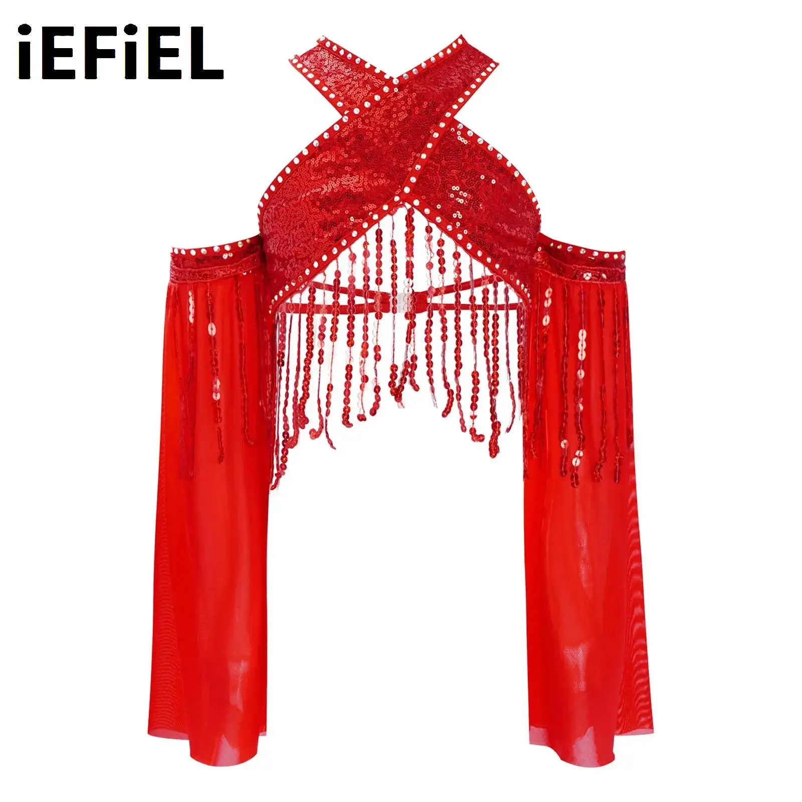 Kids Girls Tassels Jazz Dance Tops Stage Performance Costume Sheer Mesh Flared Sleeves Sparkling Sequin Cross Crop Top
Kids Girls Tassels Jazz Dance Tops Stage Performance Costume Sheer Mesh Flared Sleeves Sparkling Sequin Cross Crop Top